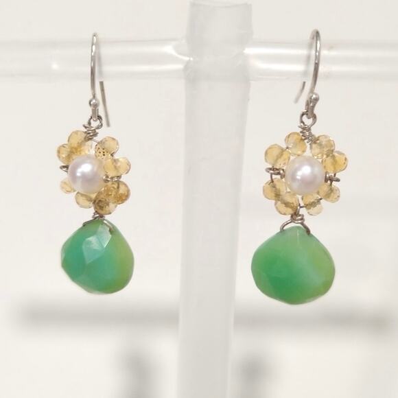 925 Sterling Silver Chrysoprase Dangle Drop Earrings Pearl Beaded Citrine Hook - Picture 1 of 8